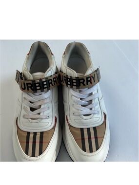 Burberry White Leather Sneakers with Beige Vintage Check Strap